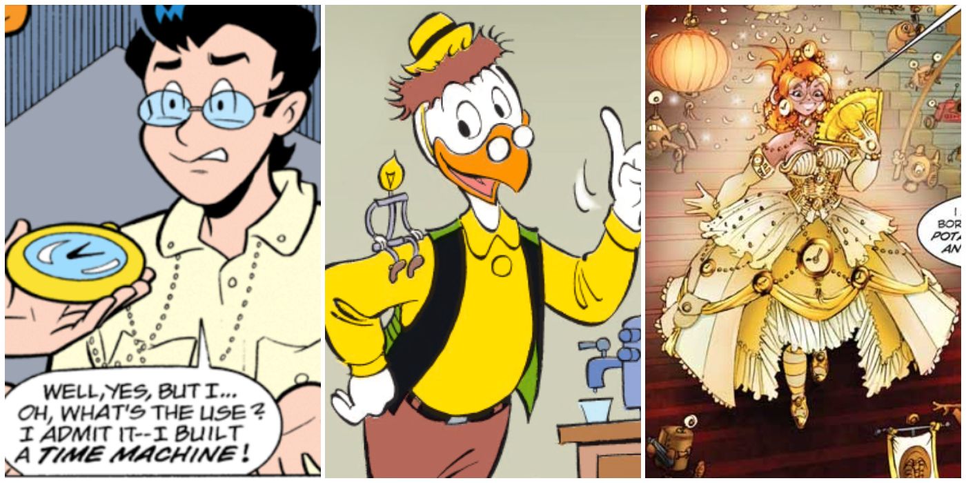 A split image of Archie's Dilton Doyle, Disney's Gyro Gearloose, and Agatha Heterodyne