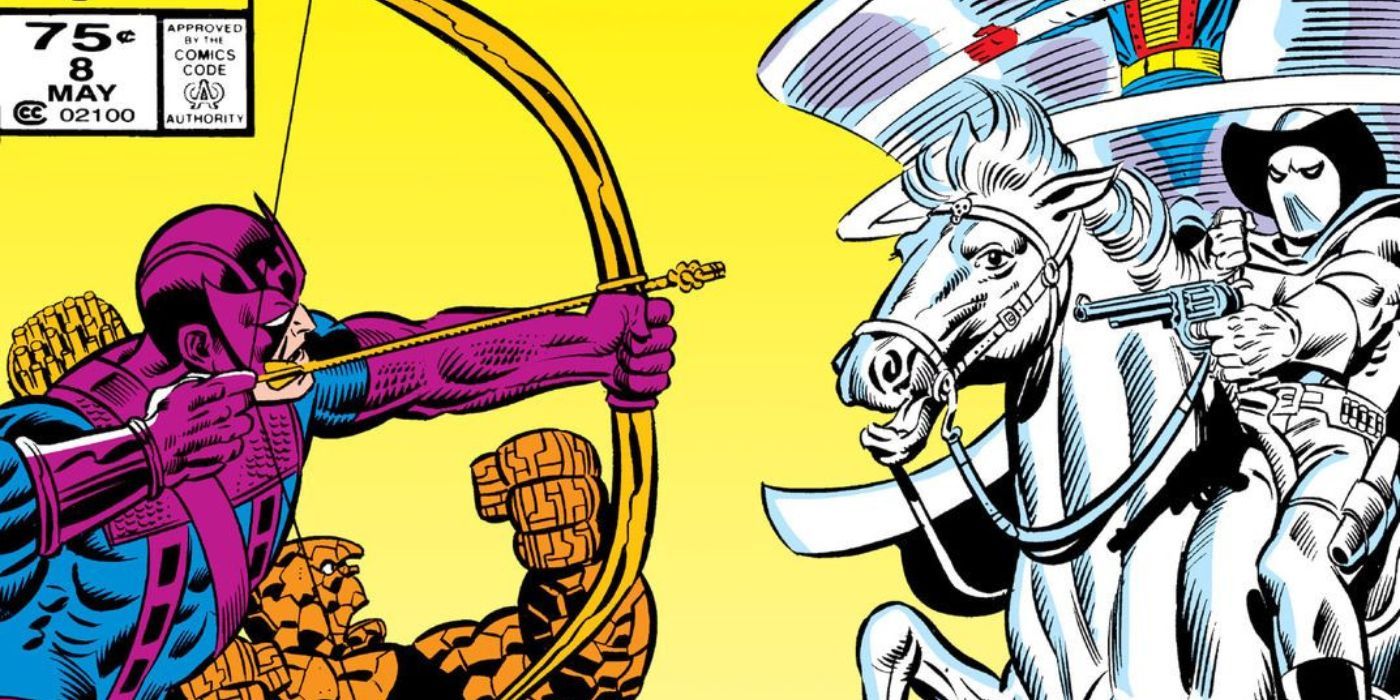 The cover of West Coast Avengers 8, featuring Hawkeye pointing his bow at the Phantom Rider