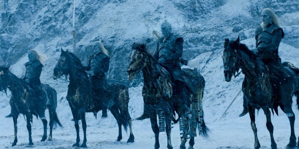 The Night King and White Walkers overlooking the Battle of Hardhome in Game of Thrones.
