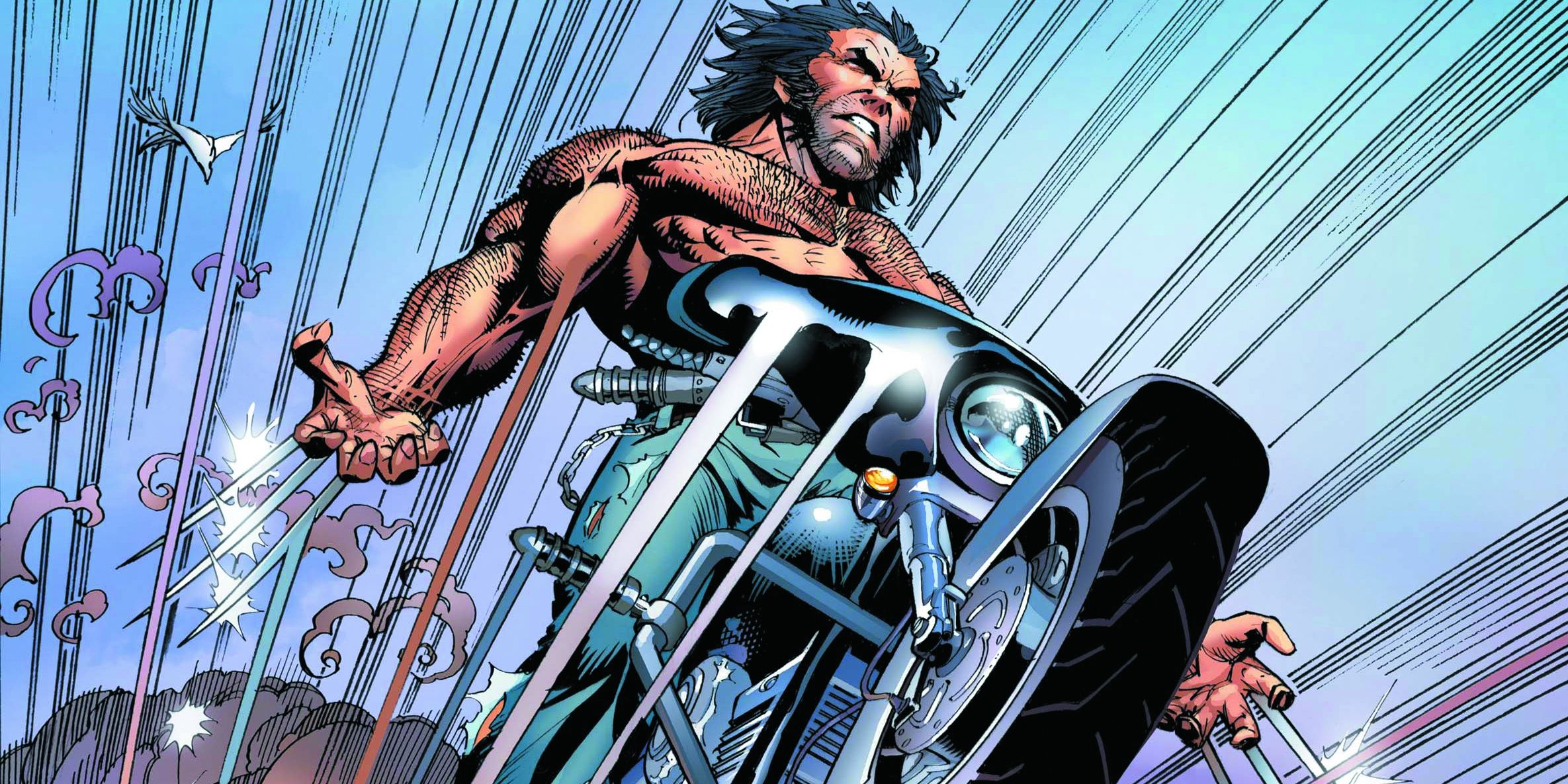 Marvel Comics' Wolverine's rides his motorcycle standing up, claws popped out and ready to slash, in Marvel Comics