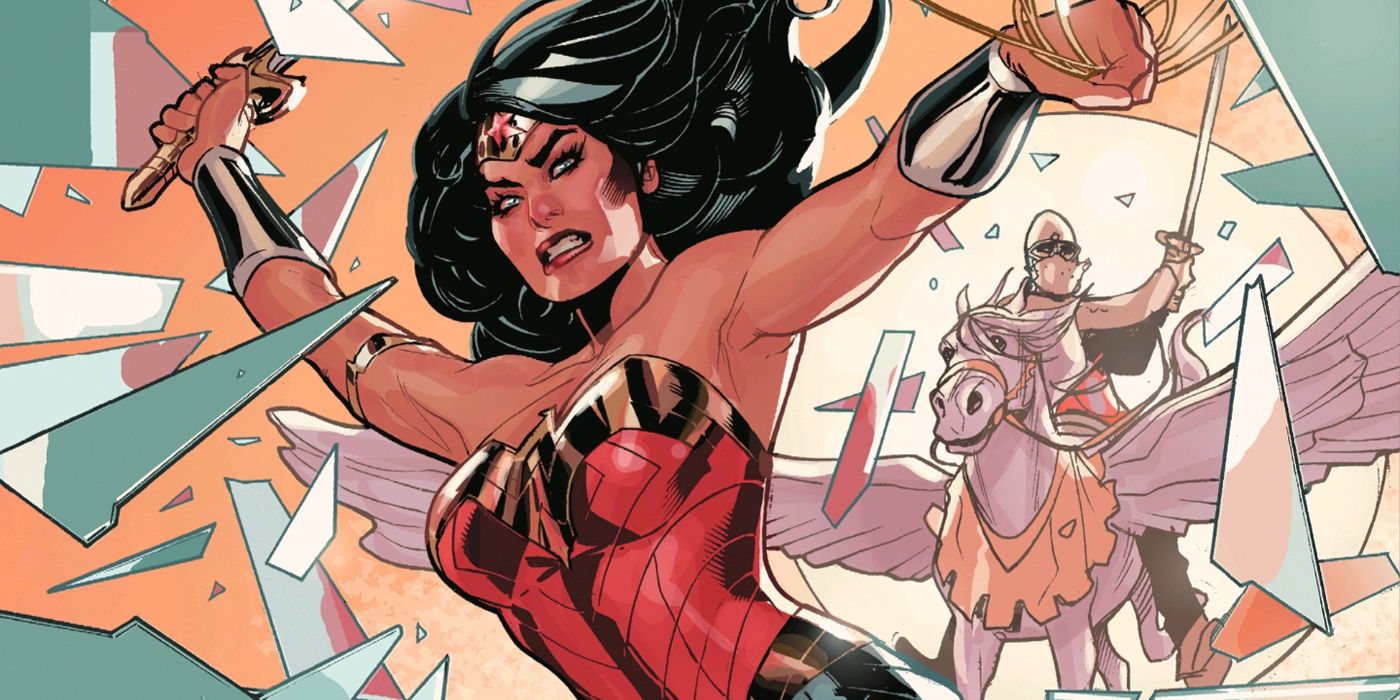 Wonder Woman, aka Diana Prince, smashing through the comic book panel