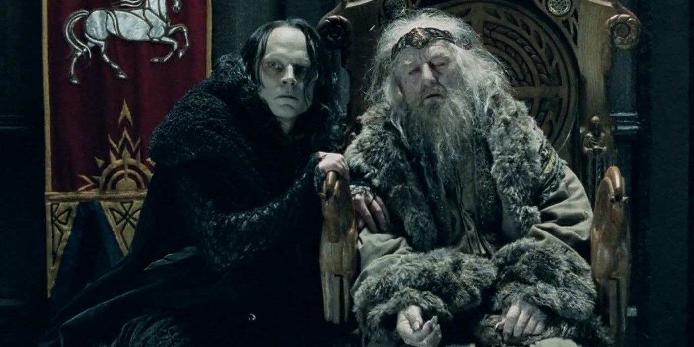 Grima Wormtongue whispering in Theoden's ear in The Lord of the Rings: The Two Towers.