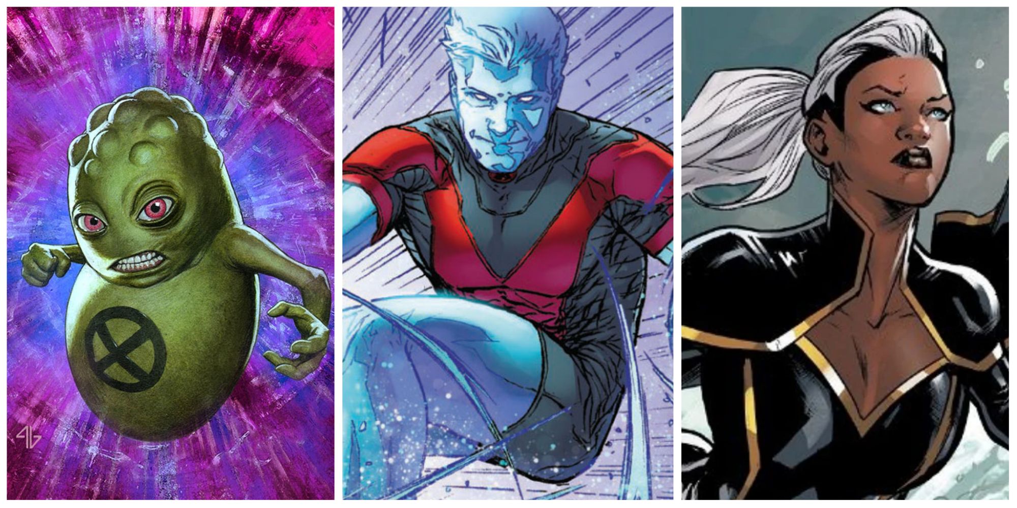 A split image of various X-Men members, including Doop, Iceman, and Storm