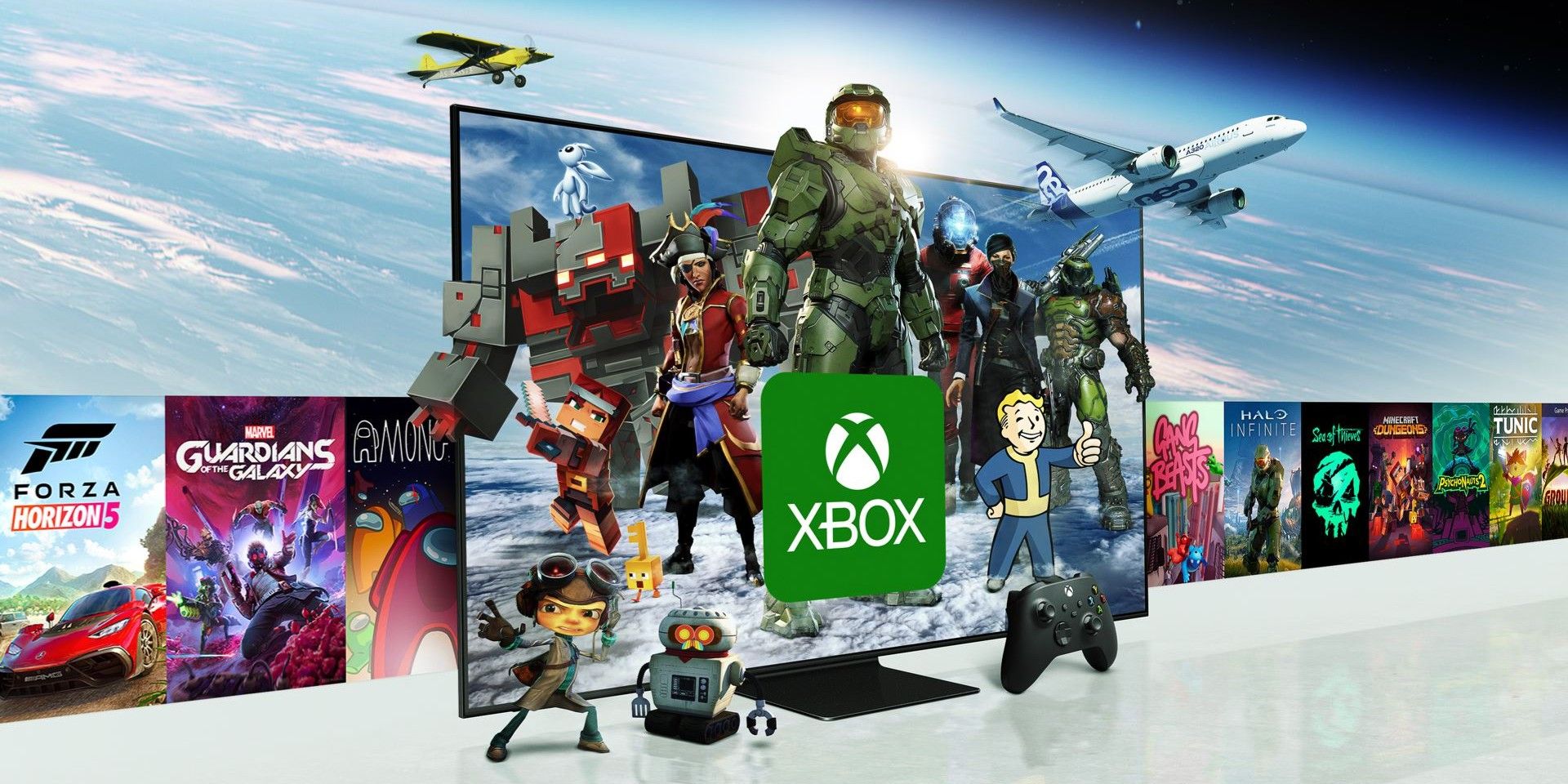 Promotional image for Samsung's collaboration with Microsoft, featuring protagonists from prominent Xbox titles.