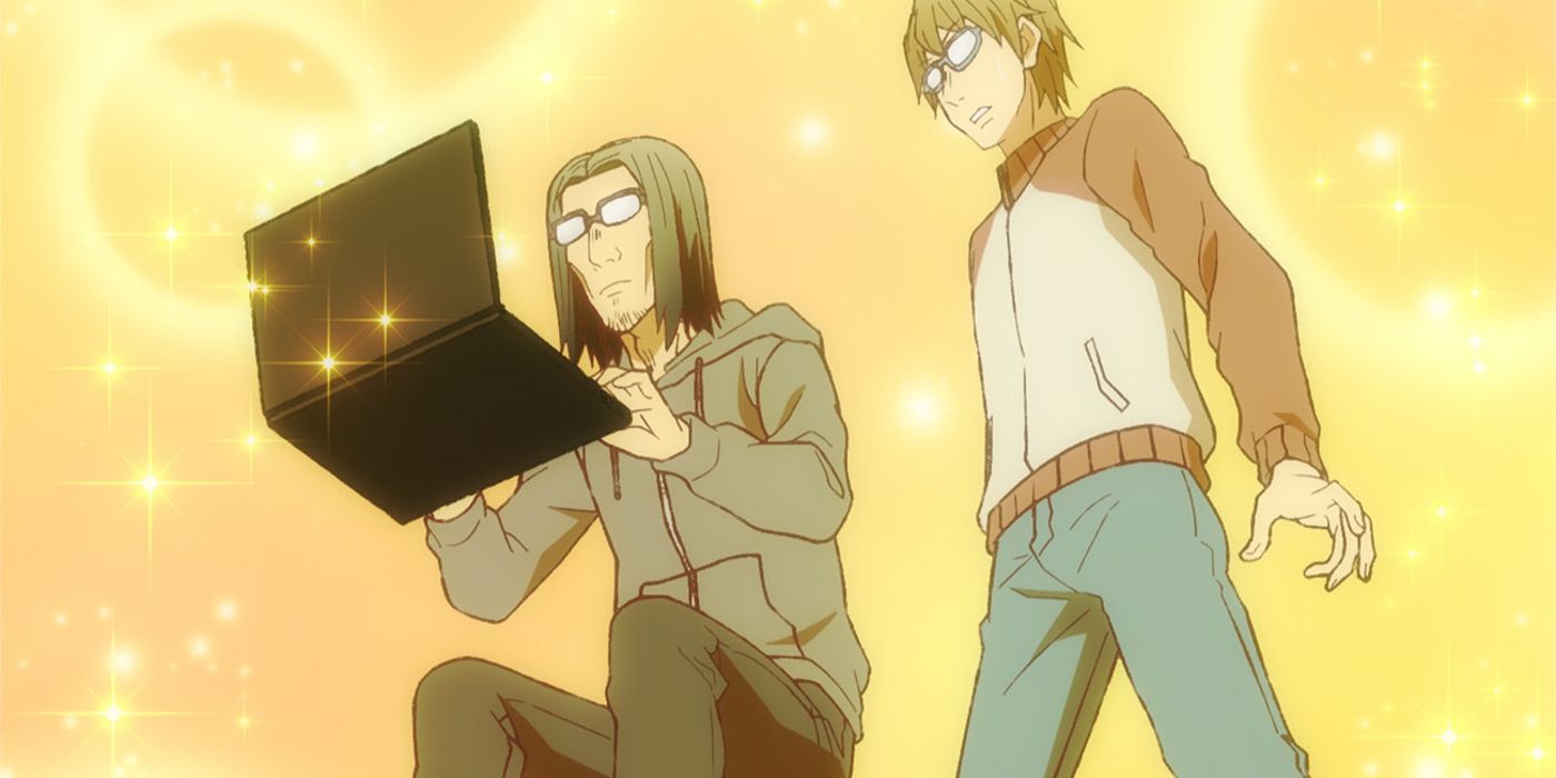 Yosuke and Takafumi using a laptop in Uncle from Another World
