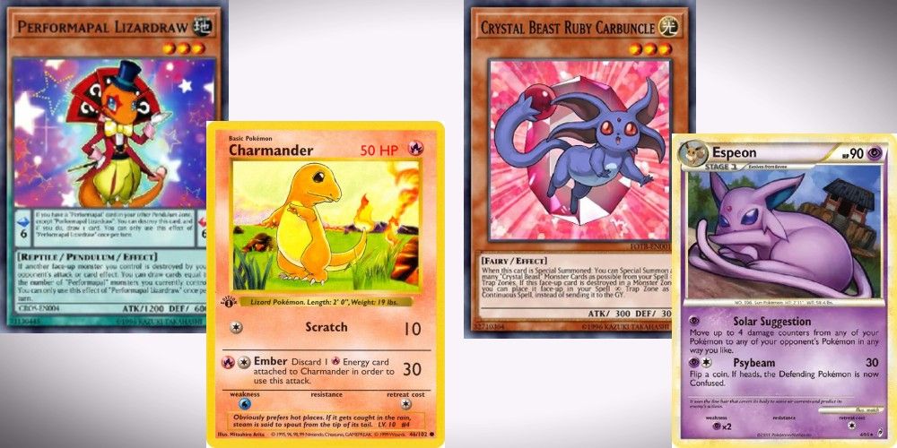 This image shows a comparison of Performapal Lizardraw and Charmander, which are both orange lizards, and Crystal Beast Ruby Carbuncle and Espeon, which are purple cat-like creatures.
