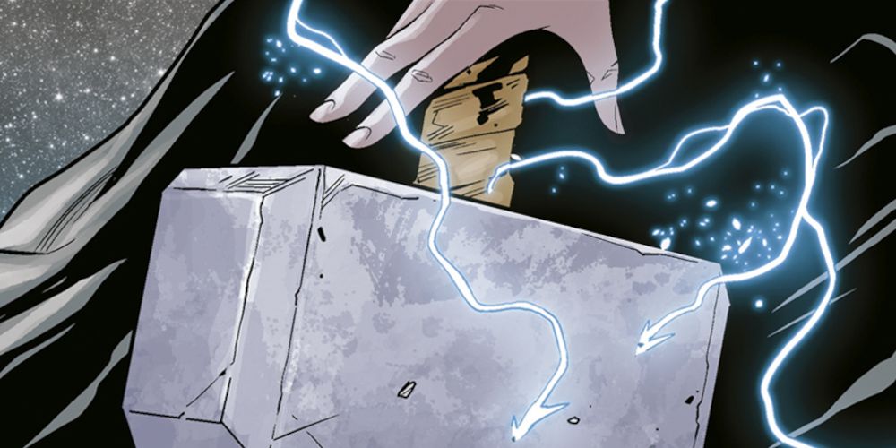 A hand about to grab Mjolnir in Marvel Comics