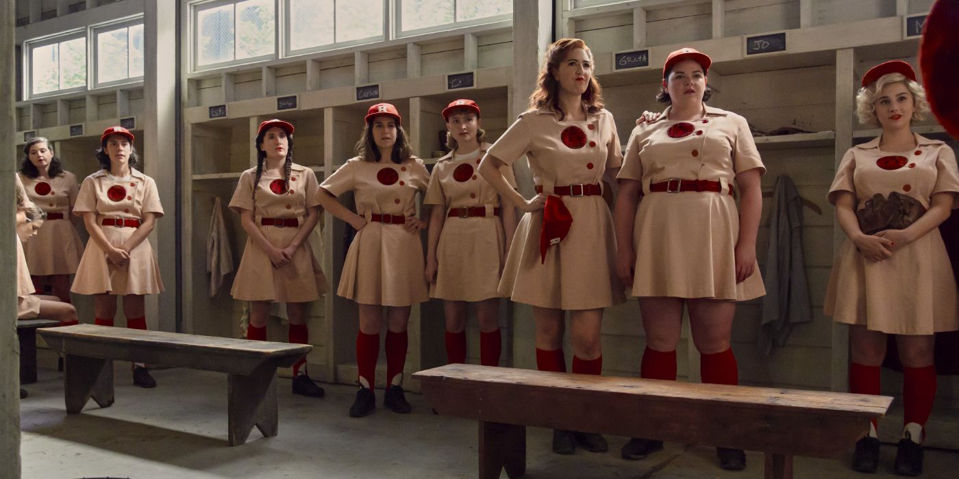 A League of Their Own's Rockford Peaches standing in the locker room in uniform
