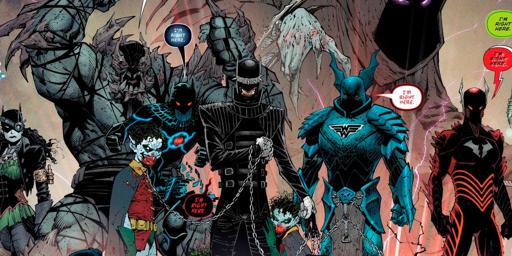 Evil Batmen from the Dark Multiverse led by the Batman Who Laughs in DC Comics
