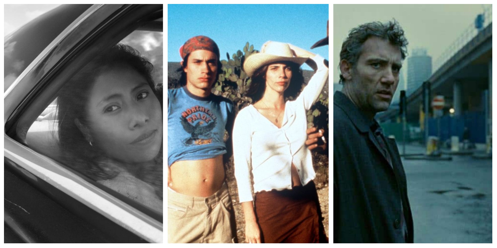 Collage featuring three Alfonso Cuaron films, Roma, Y Tu Mama Tambien, and Children of Men.