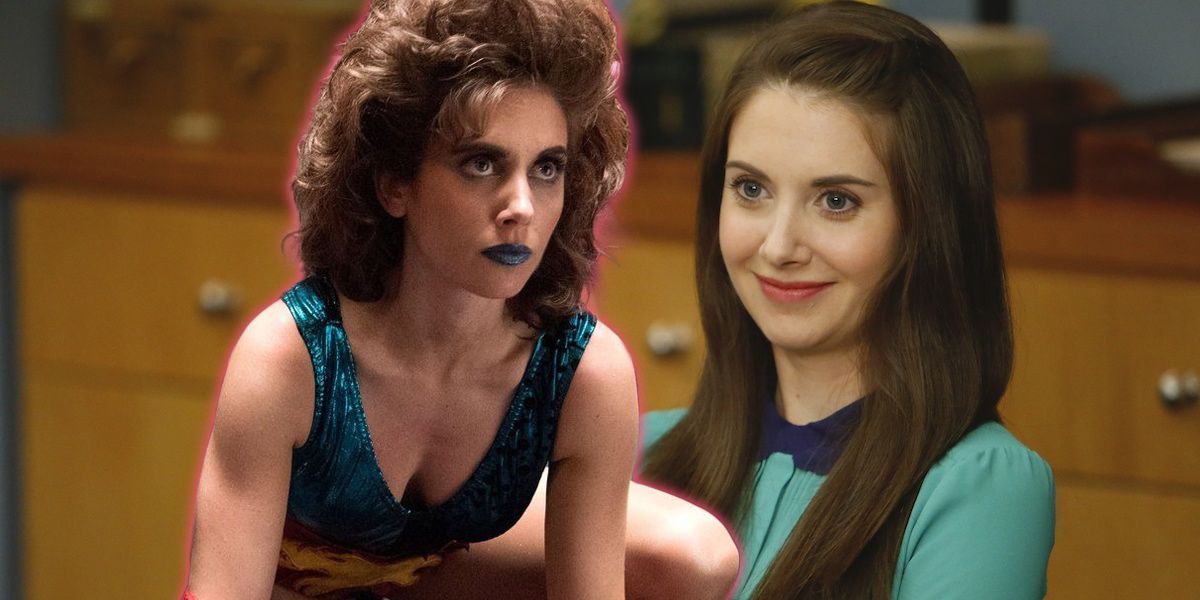 alison brie from glow crouching over image of annie on community
