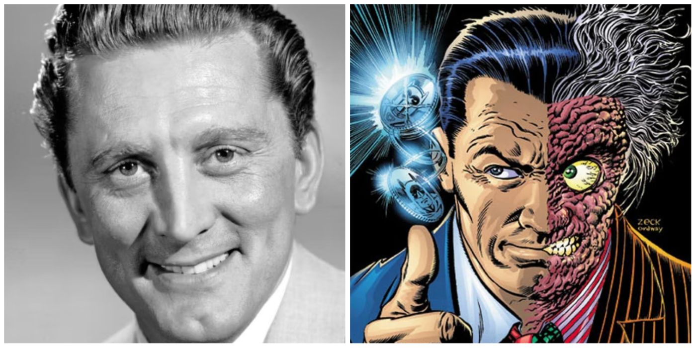 an image of Kirk Douglas smiling next to an image of Two-Face:Harvey Dent from the comics