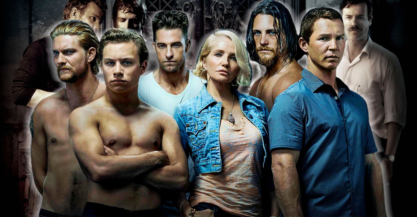 The cast of TNT's Animal Kingdom posing in front of the cast of the Animal Kingdom film