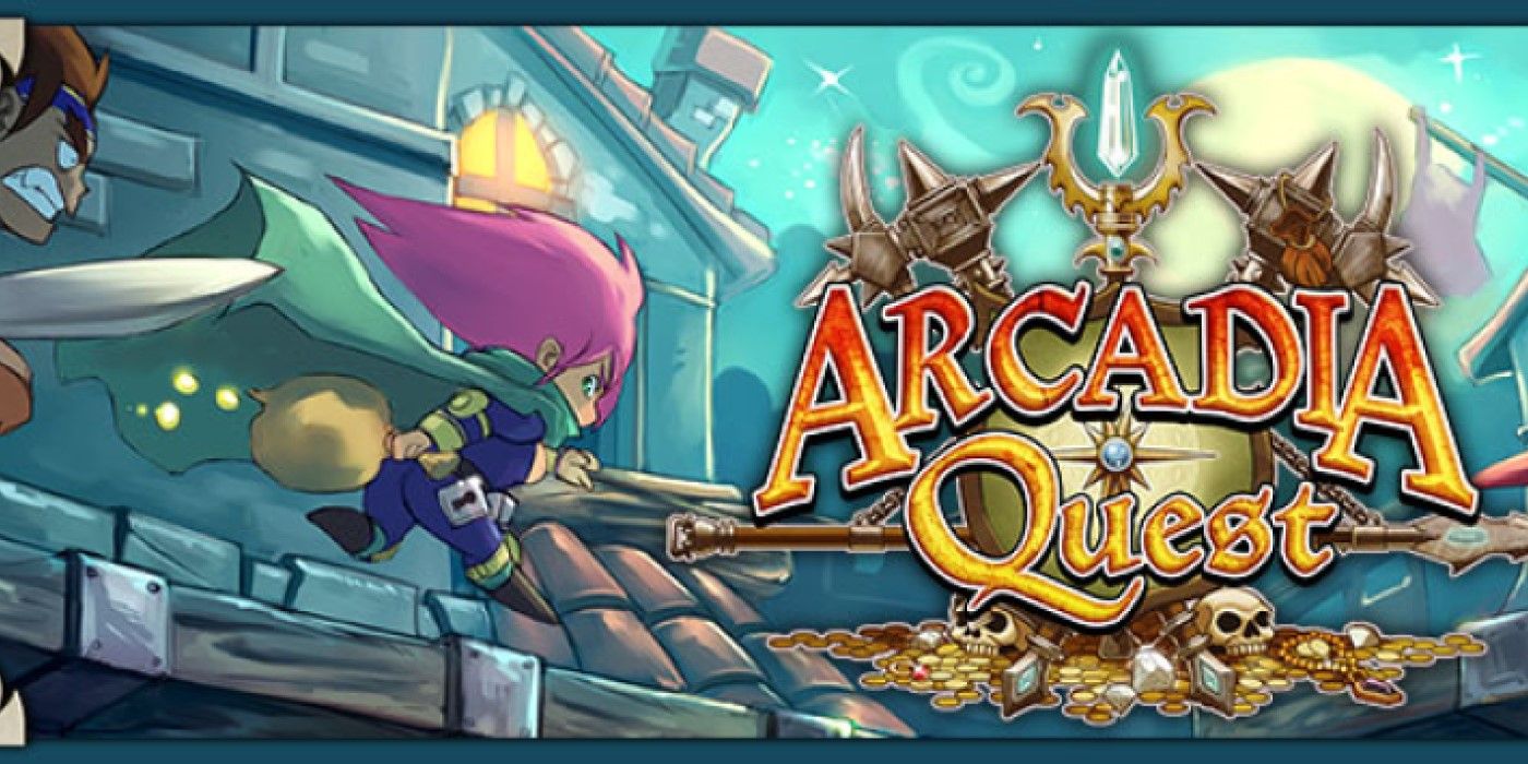 The Arcadia Quest cover image, a pink-haired anime person running along a rooftop