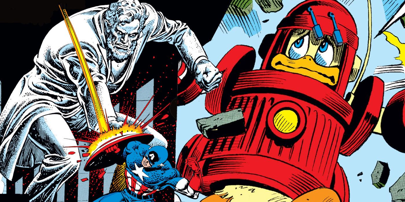 Captain America fights the statue of Abraham Lincoln and Howard the Duck becomes Iron Duck