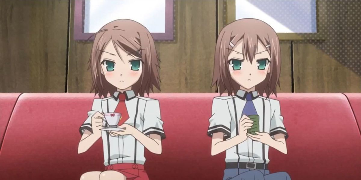 Hideyoshi and Yuuko from Baka and Test sitting down and having tea.