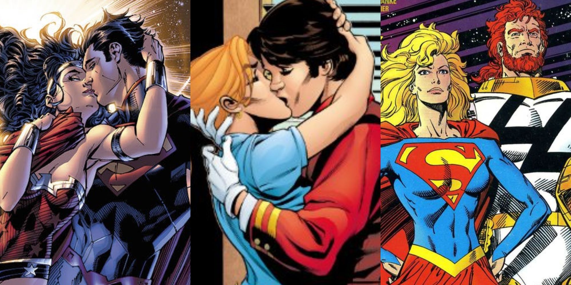Collage image of Superman kissing Wonder Woman, Agent 355 kissing Yorick, and a clone of Supergirl standing beside a clone of Lex Luthor.