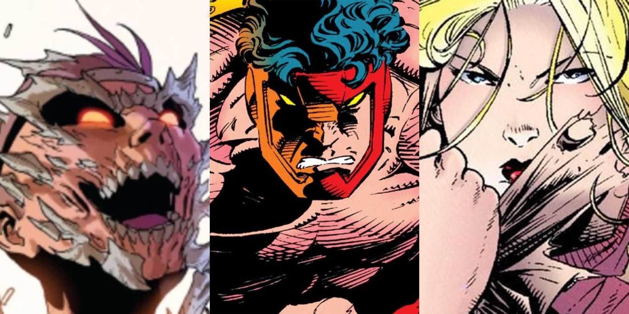 A split image of Marvel mutants Marrow, Forearm, and Husk
