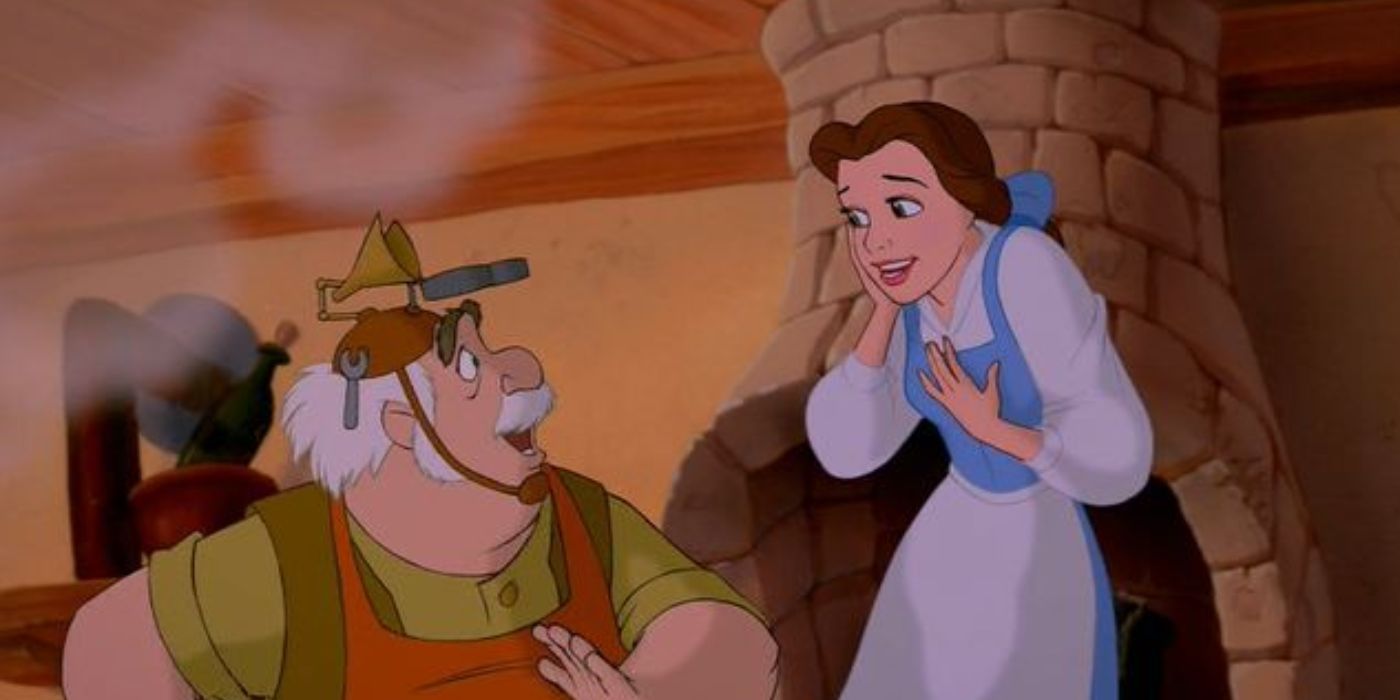 Belle laughing at Maurice's invention, Beauty and the Beast