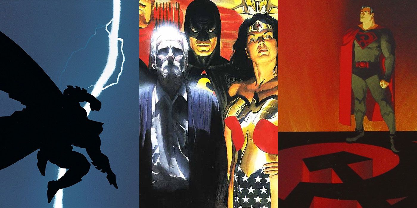 A split image of comic covers from Dark Knight, Kingdom Come, and Red Son