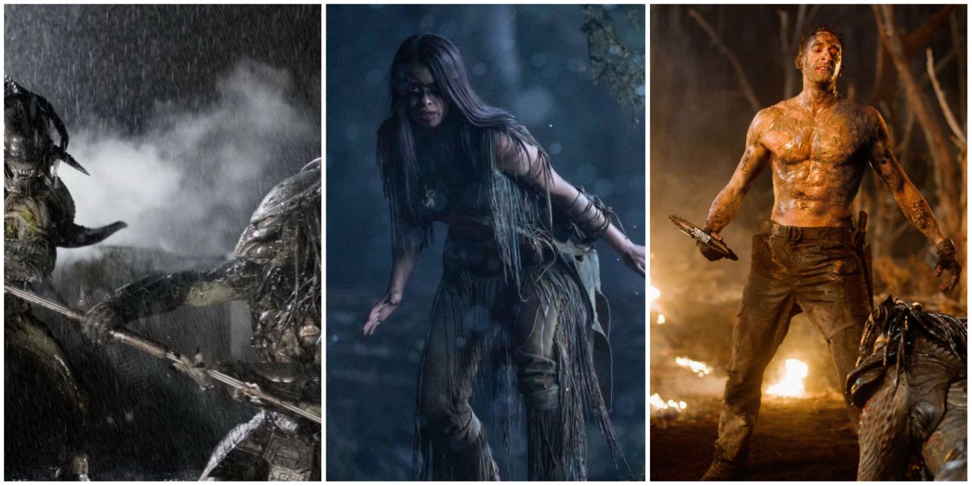 Three side-by-side images of various characters in the Predator franchise