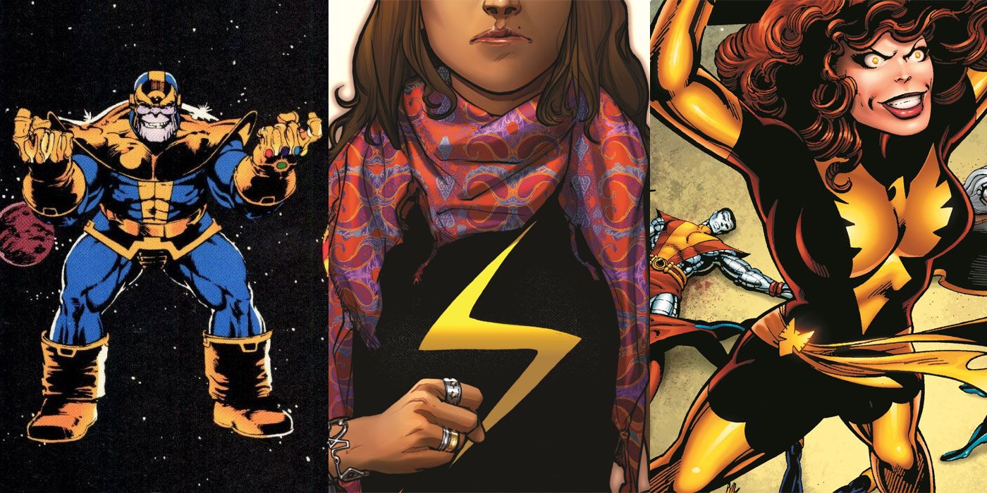 Thanos, Ms. Marvel and Dark Phoenix in a split image
