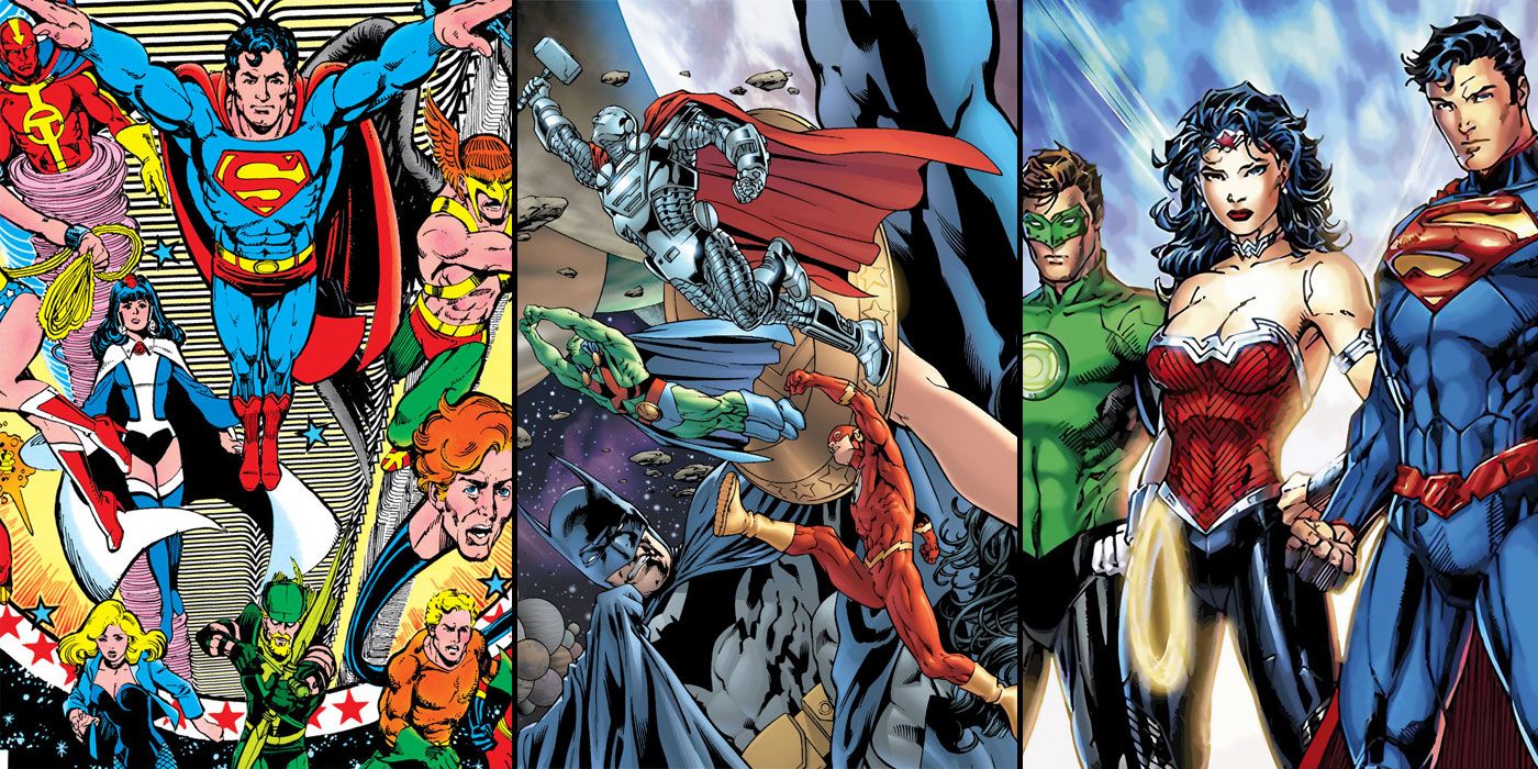 A split image of Justice League art drawn by George Perez, Bryan Hitch, and Jim Lee