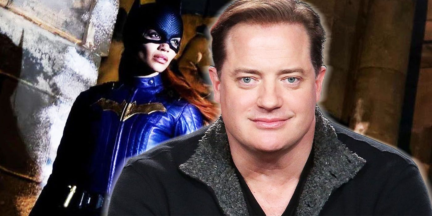 Brendan Fraser with an official poster of the Batgirl film in the background