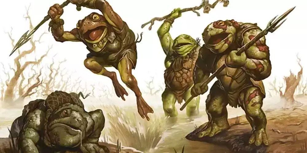 Three bullywugs teaming up on a fourth in a swamp