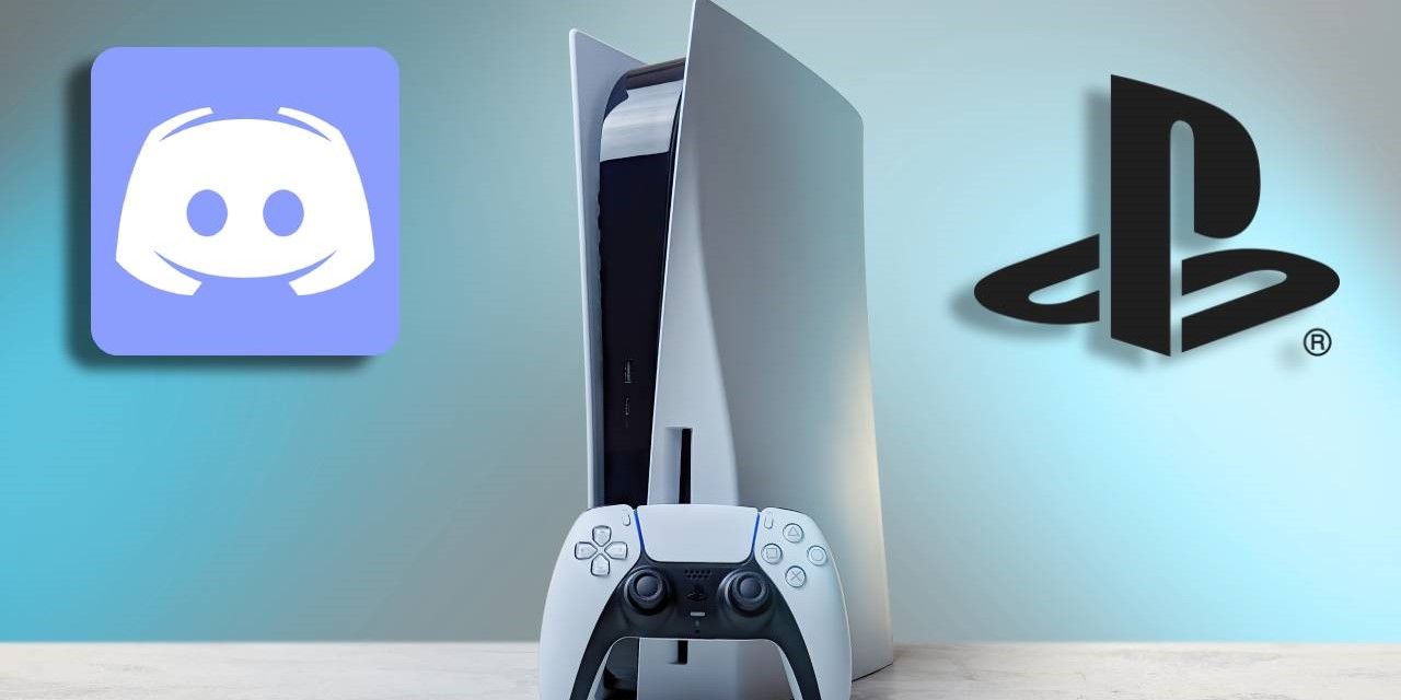 A PS5 with controller flanked by the Discord and PlayStation logos.