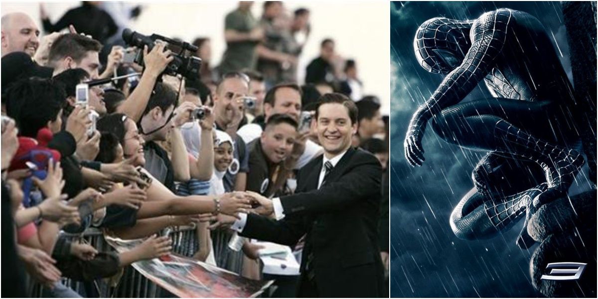 Split image of Spider-man 3 fans premiere and symbiote teaser poster