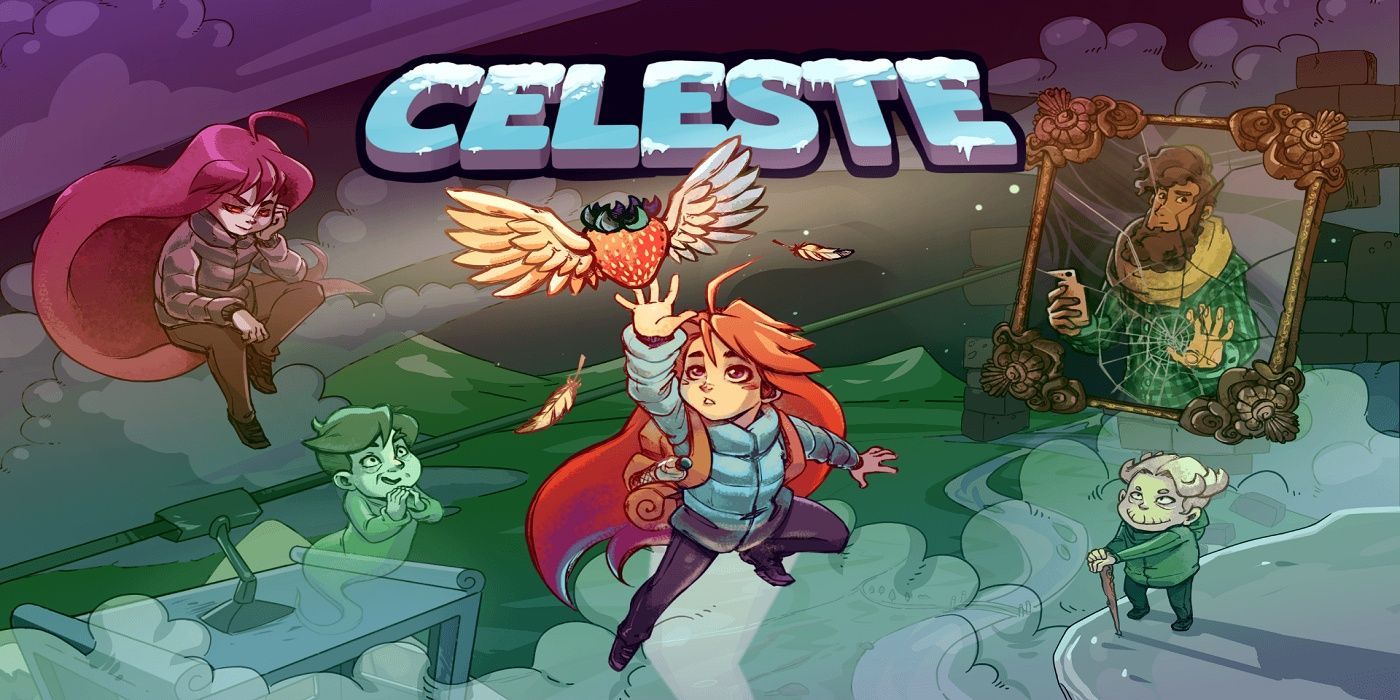 Celeste promo art featuring the protagonist reaching for a cheery and the supporting cast around her.