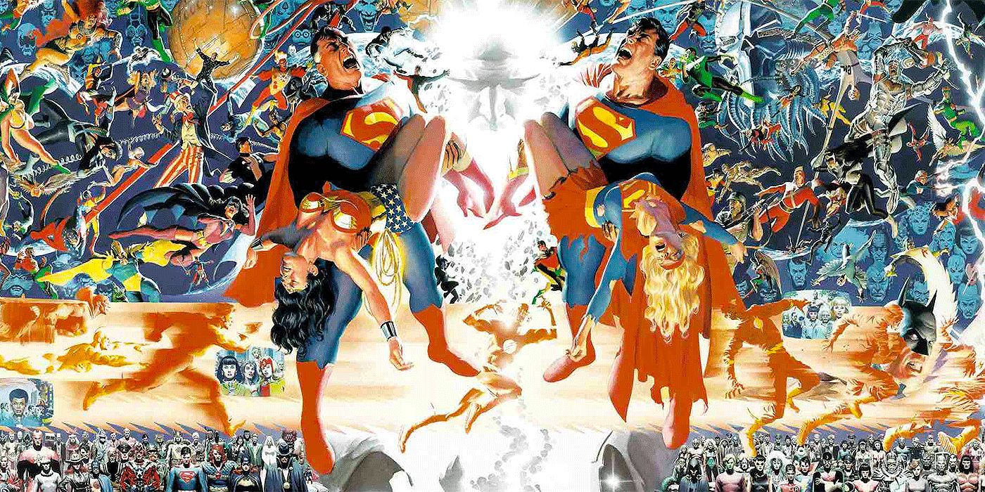 An image of various heroes, including two versions of Superman holding a fallen leaguer, from Crisis on Infinite Earths, by Alex Ross