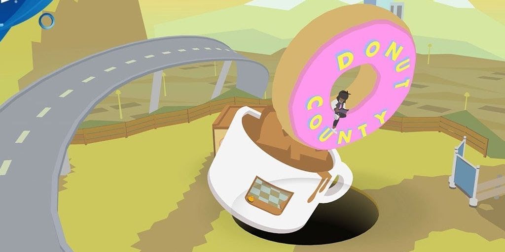 A player absobring the Donut County Shop in Donut County game.
