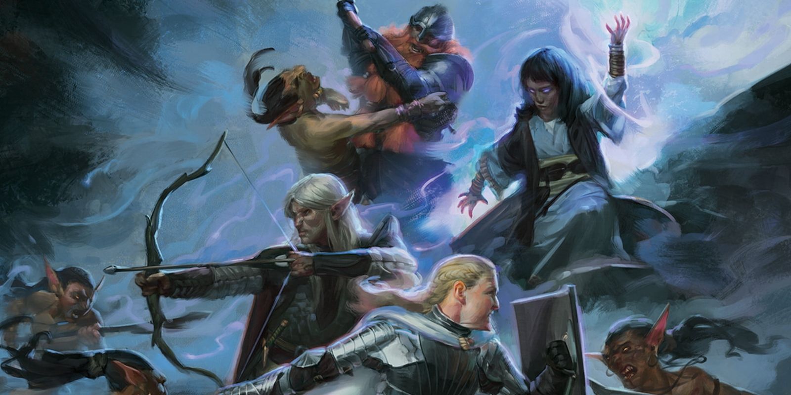 Artwork from the DnD 5e player's handbook depicting a party battling creatures