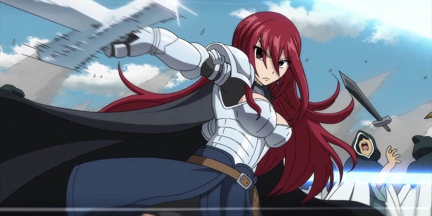 Erza Scarlet fighting enemies with her sword in Fairy Tail.