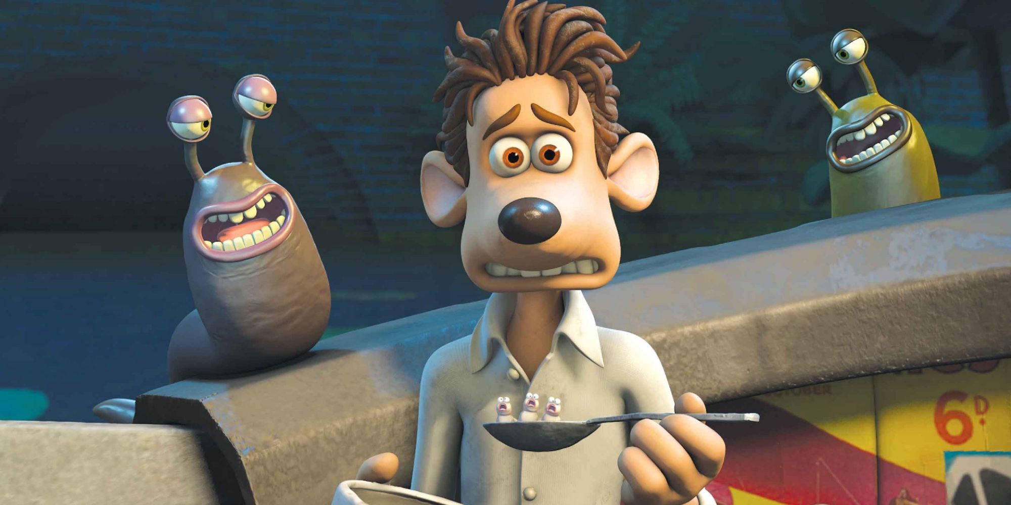 Roddy looking worried while surrounded by smiling slugs in Flushed Away.