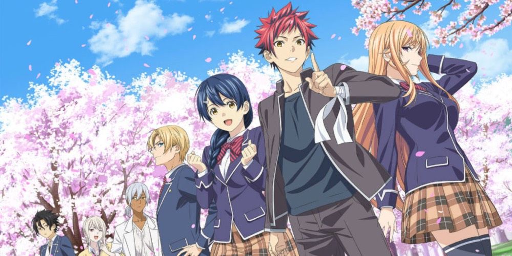 The main cast of Food Wars! standing underneath a collection of sakura blossoms.