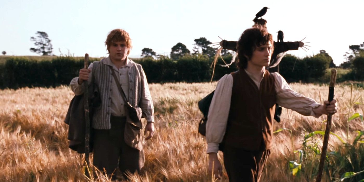 Frodo e Sam atravessam um campo no Senhor dos Anéis