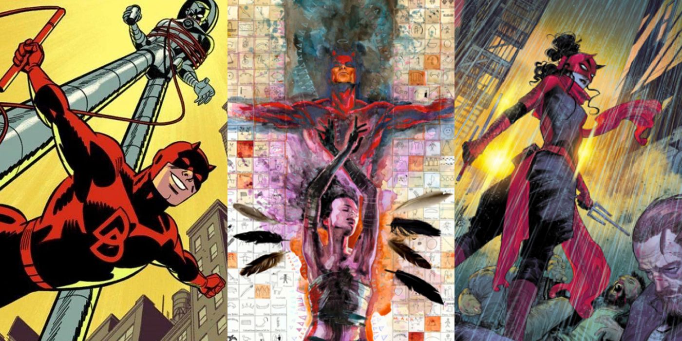 Collage of Daredevil artwork featuring Daredevil, Stilt-Man, Echo, and Elektra as Daredevil