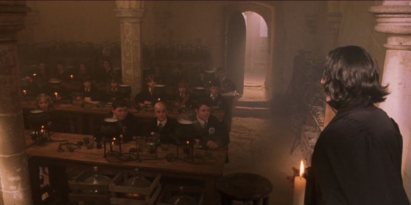 Snape teaching the first Potions class in Harry Potter.