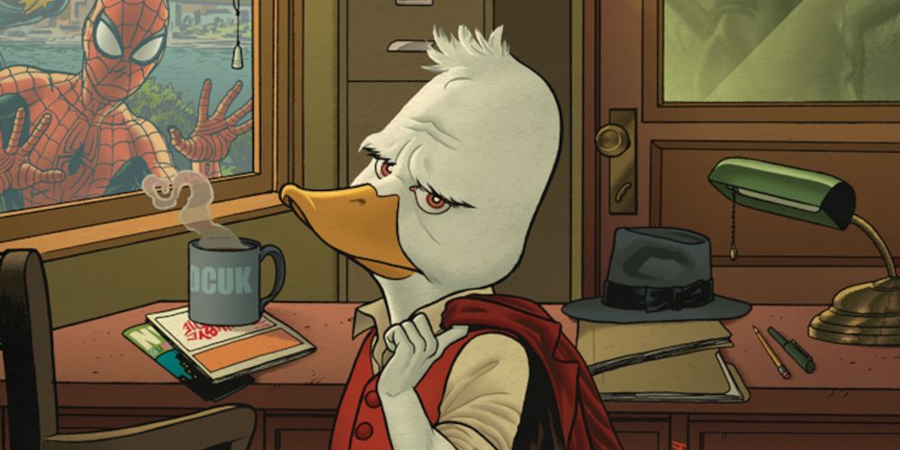 Howard The Duck looking skeptical at the camera while Spider-Man sees him from behind.