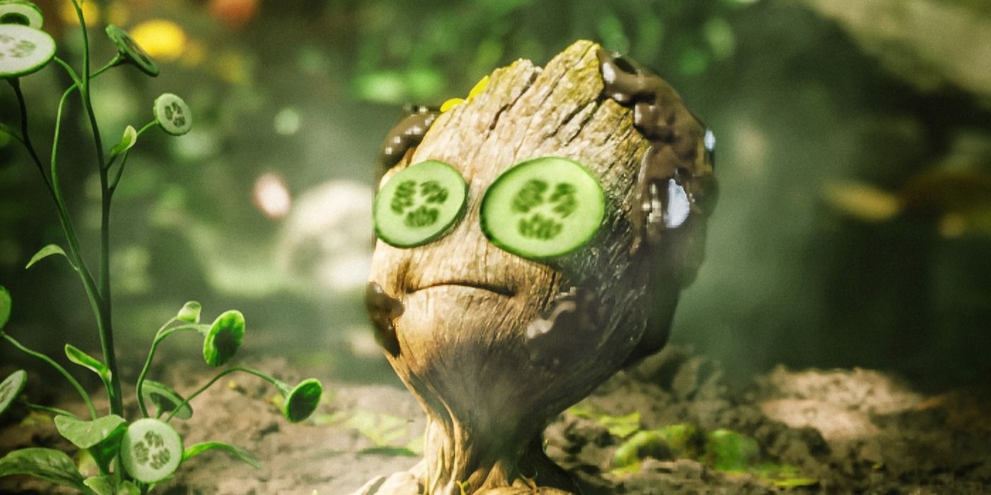 Baby Groot relaxes in a mud bath in Disney+'s I Am Groot.
