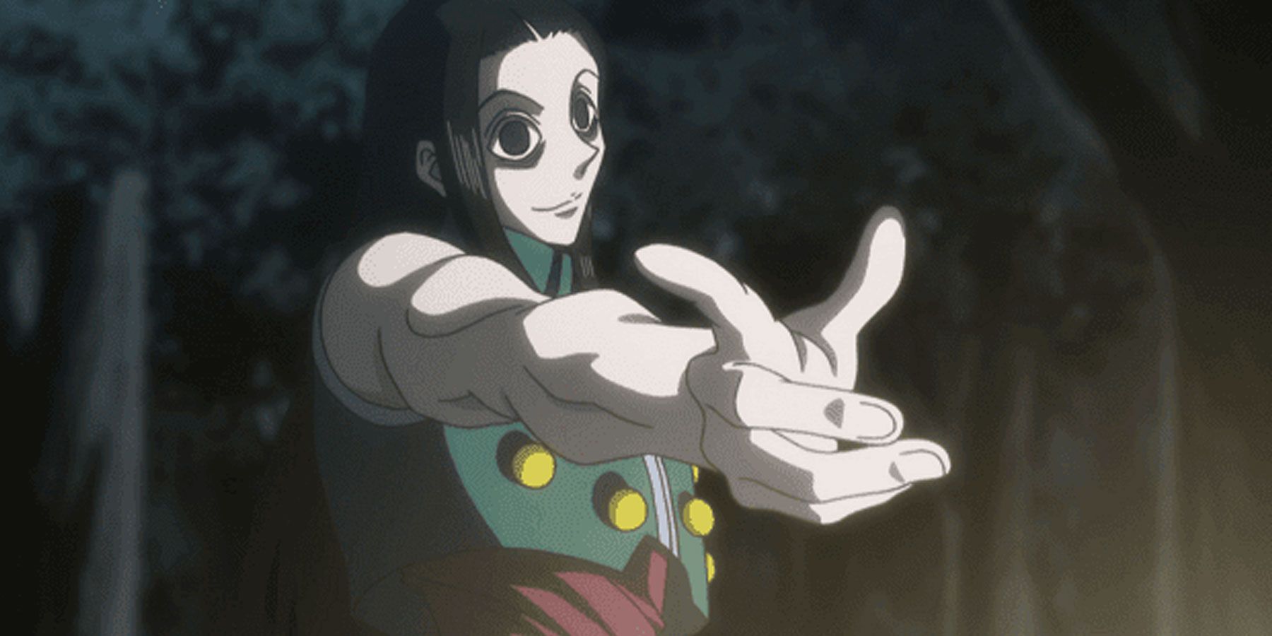 Illumi Zoldyck aponta para algo fora da tela em Hunter x Hunter.