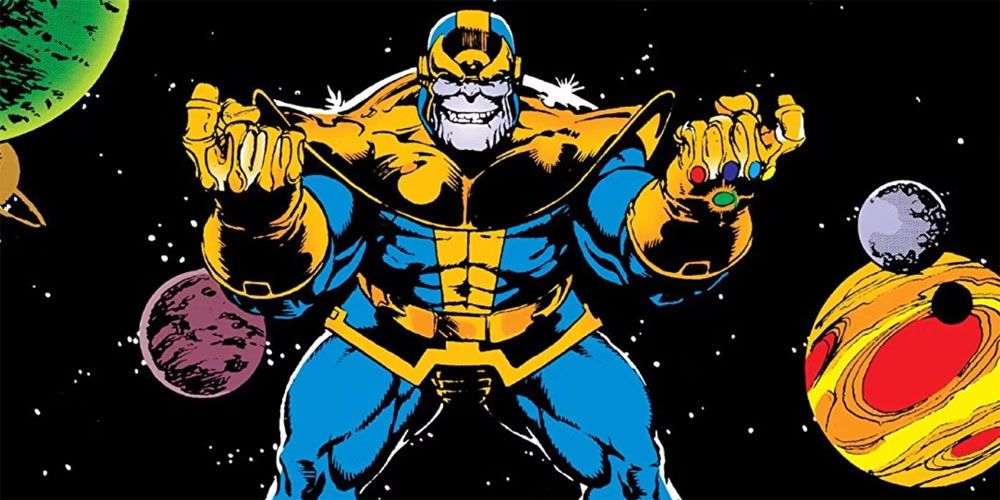 A comic book illustration of Thanos taunting his enemies with a 