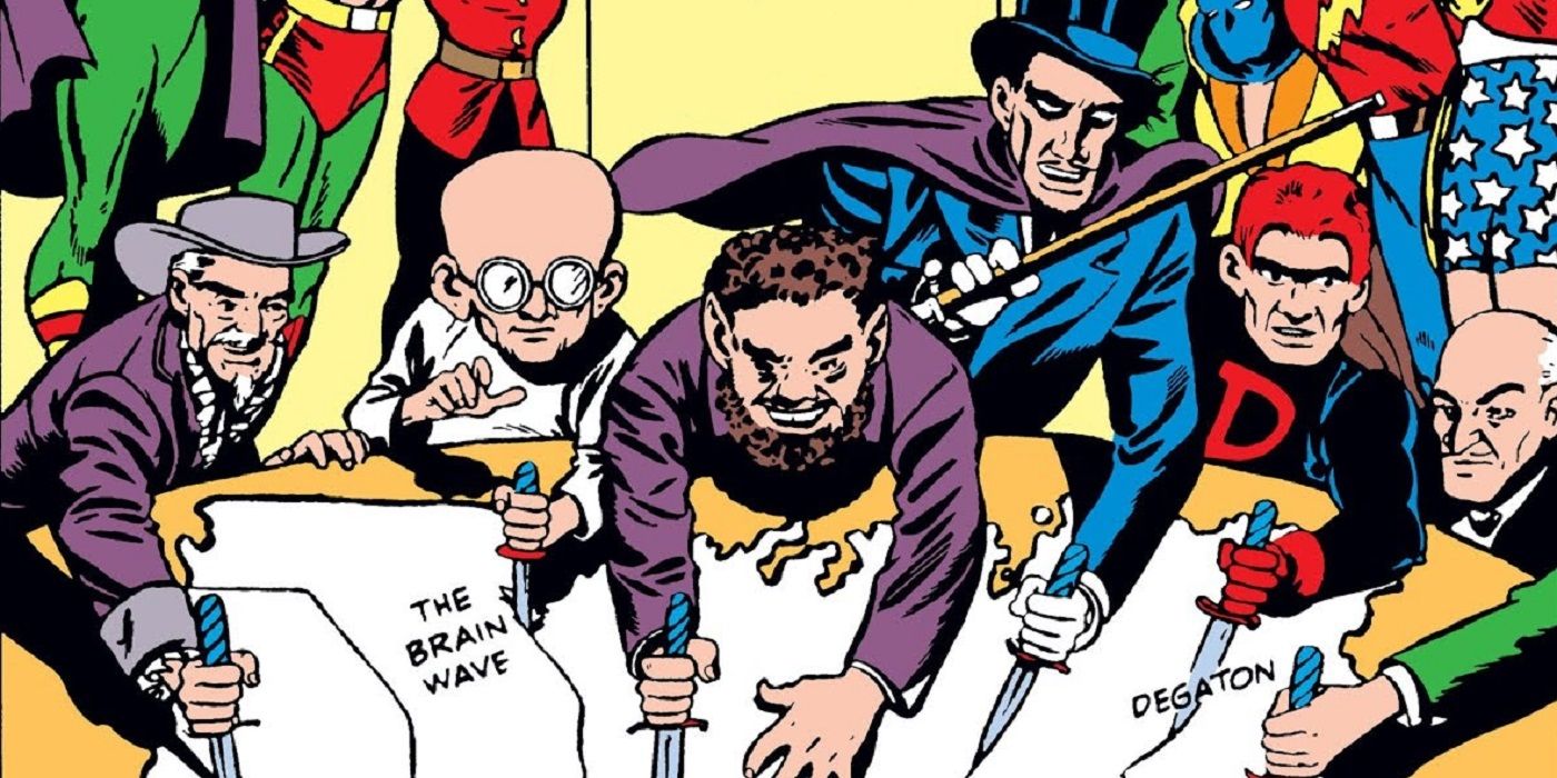 An image of comic art depicting the Injustice Society creating an evil scheme