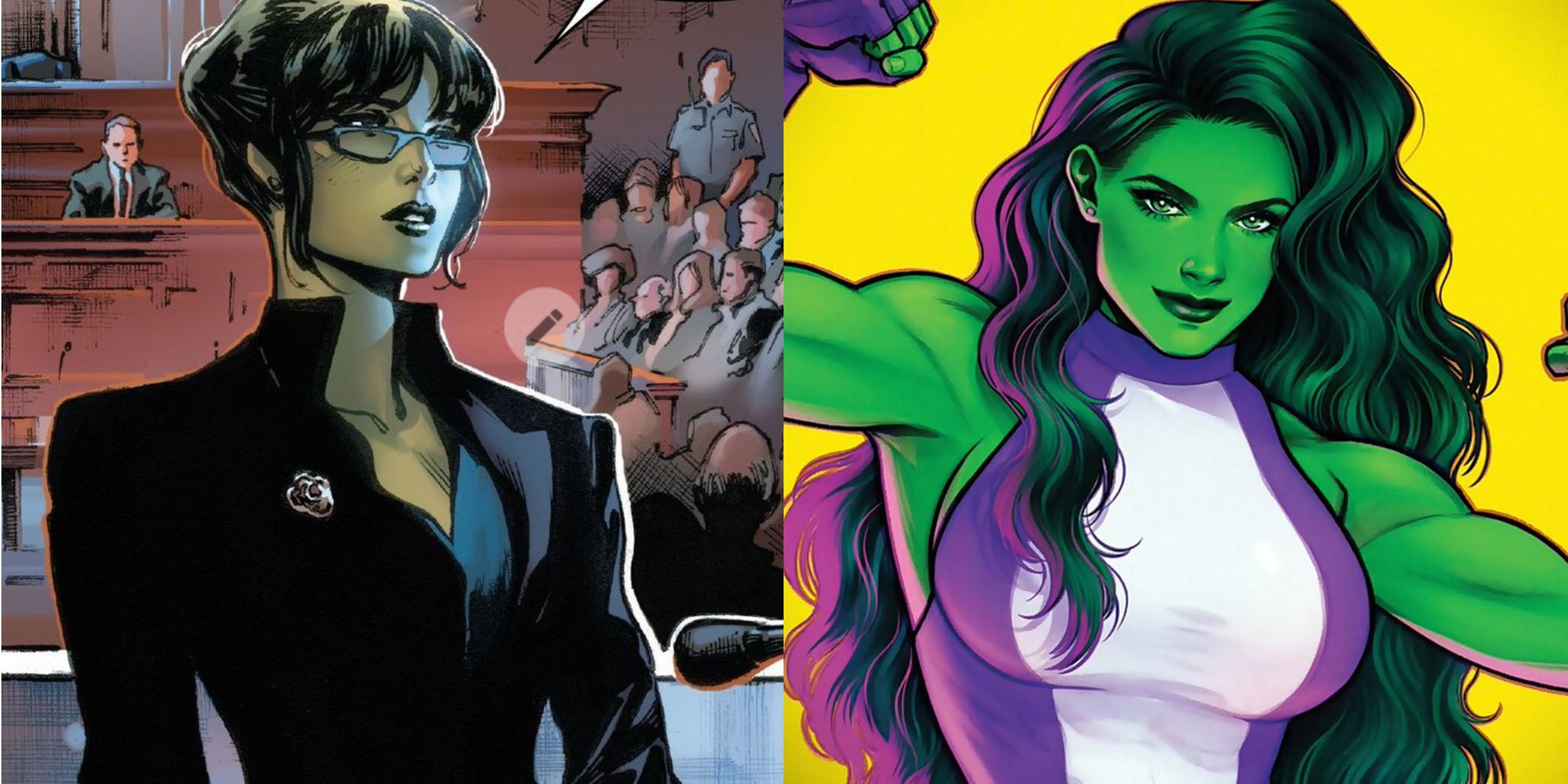 two images of Jennifer Walters in the She-Hulk comics - one in court and the other flexing