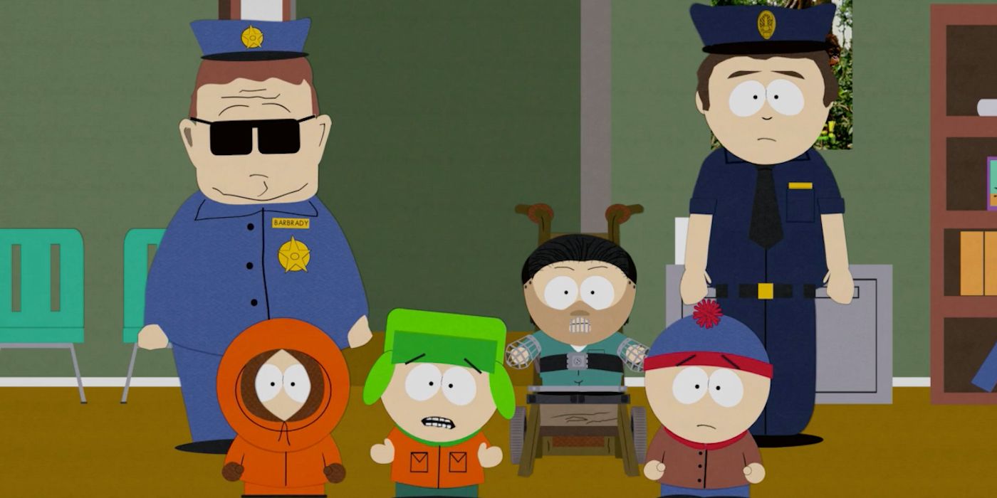 The South Park kids, Josh and Officer Barbrady in the principal's office in South Park