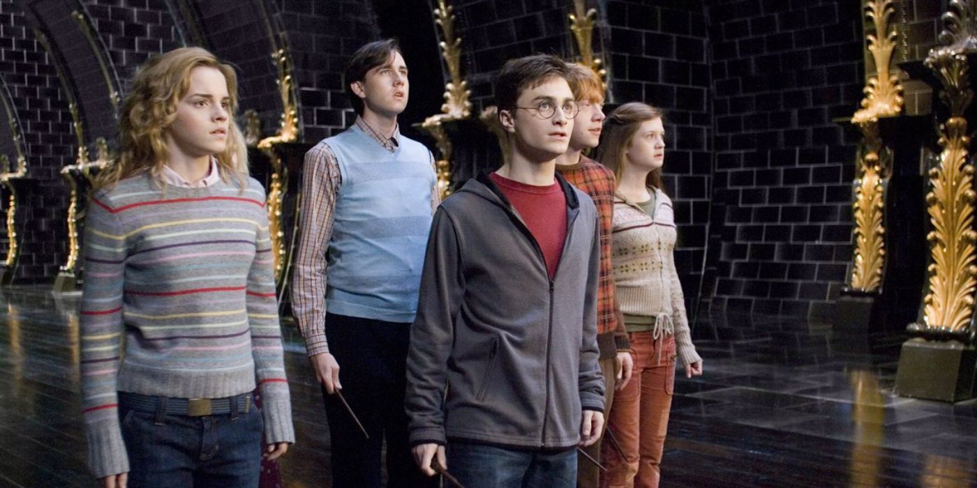 Hermione, Neville, Harry, Ron, and Ginny in the Ministry of Magic in Harry Potter.