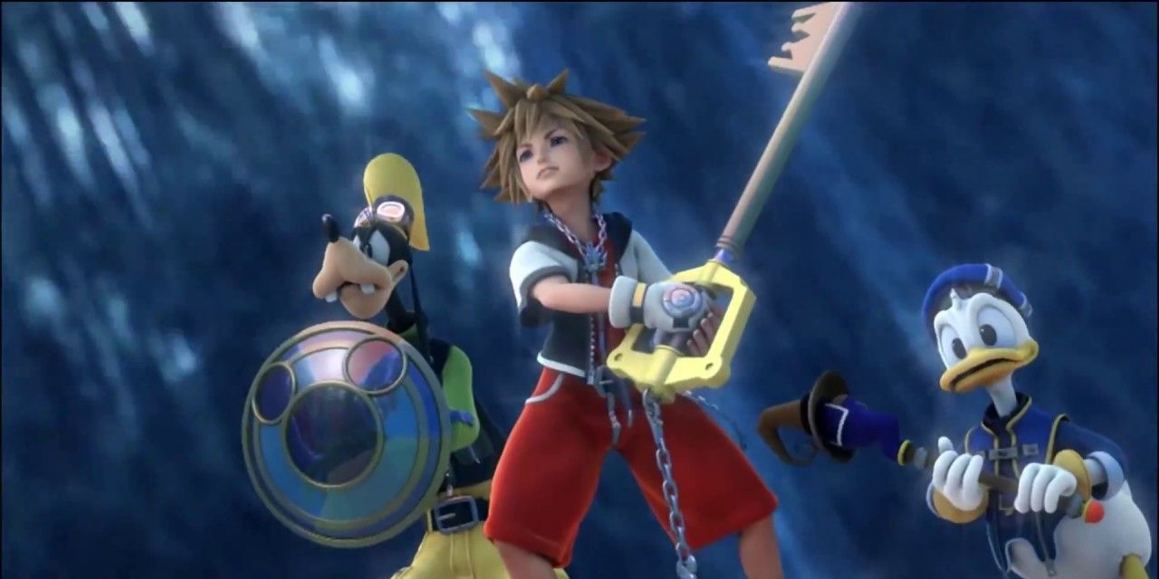 A still of Sora, Goofy, and Donald ready for combat in the opening cinematic of Kingdom Hearts II.